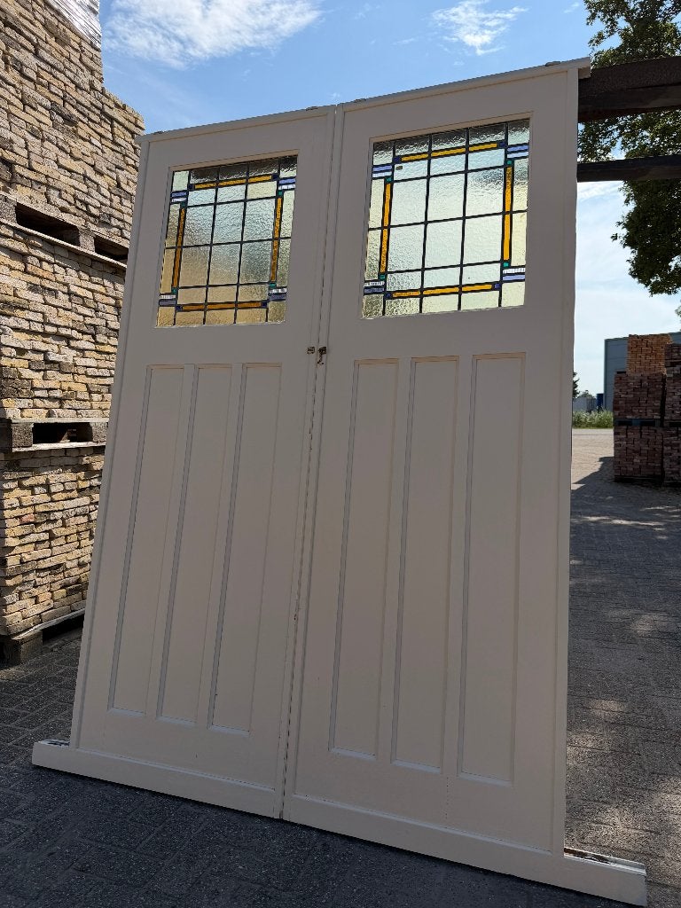 Set schuif / en-suite deuren met glas in lood 214x145cm., Antiek en Kunst, Curiosa en Brocante, Ophalen