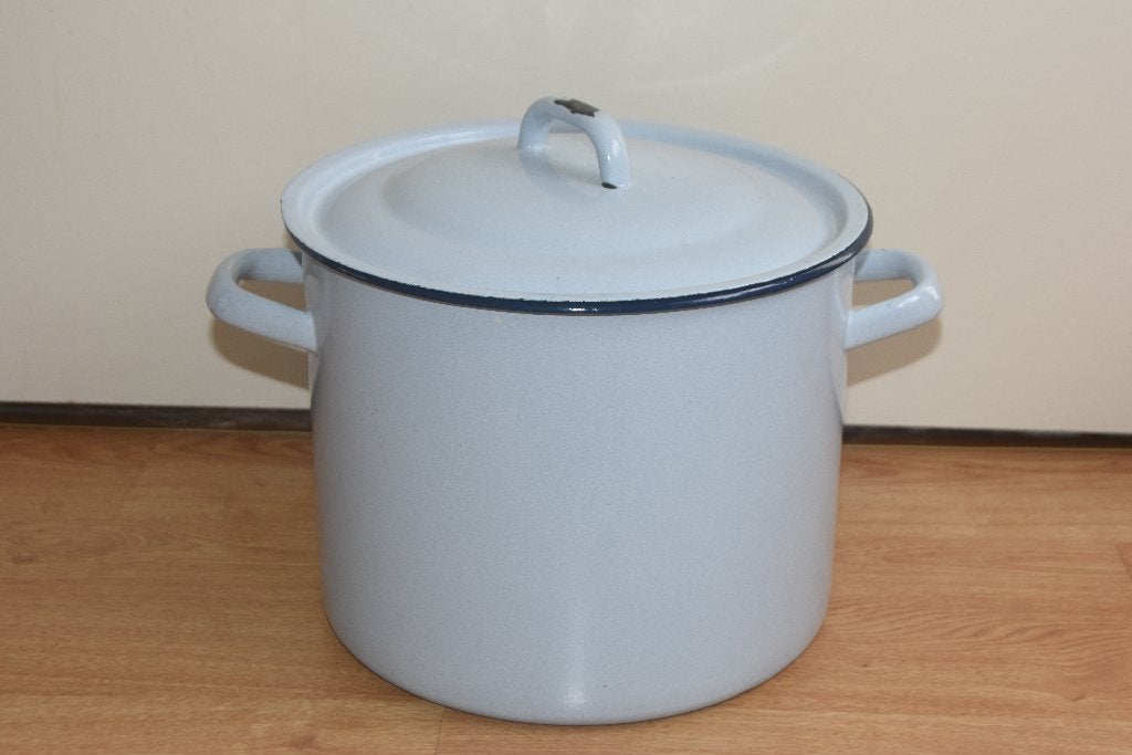 Grote emaillen pan wit met blauwe rand wasketel, Verzenden