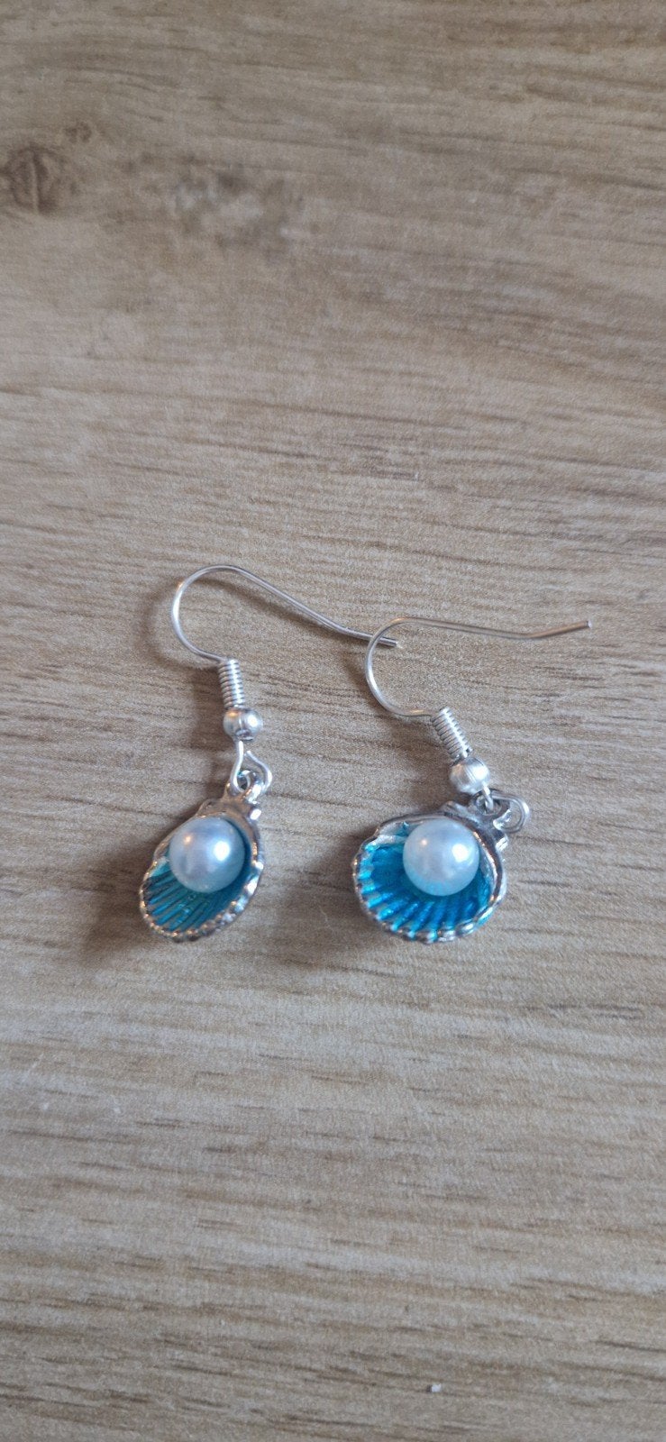 Oorbellen met schelp en parel, Overige materialen, Hangers, Blauw, Ophalen of Verzenden