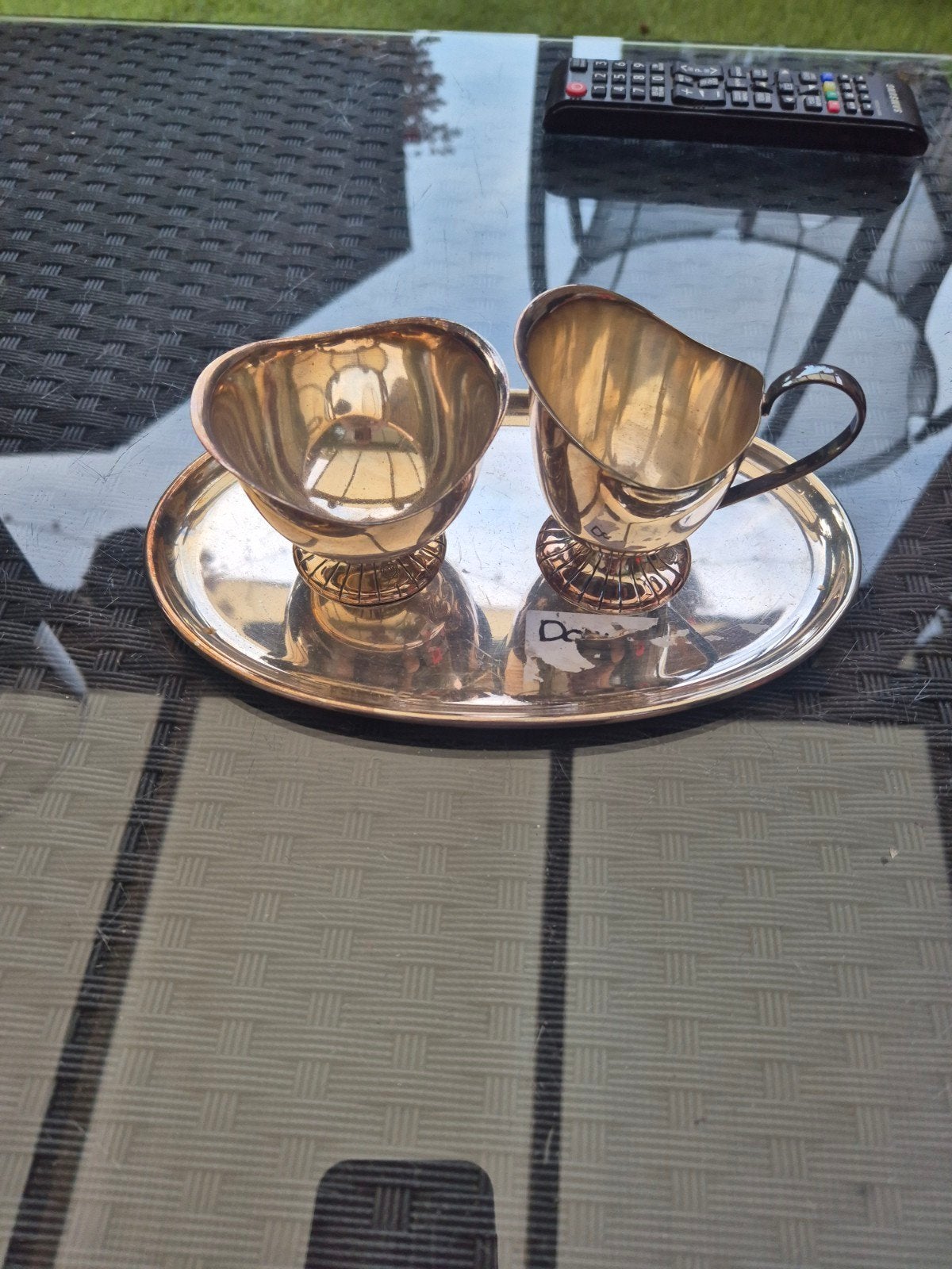 Douwe Egberts zilverkleurig suiker- en melkstel op dienblad, Ophalen of Verzenden, Zilver