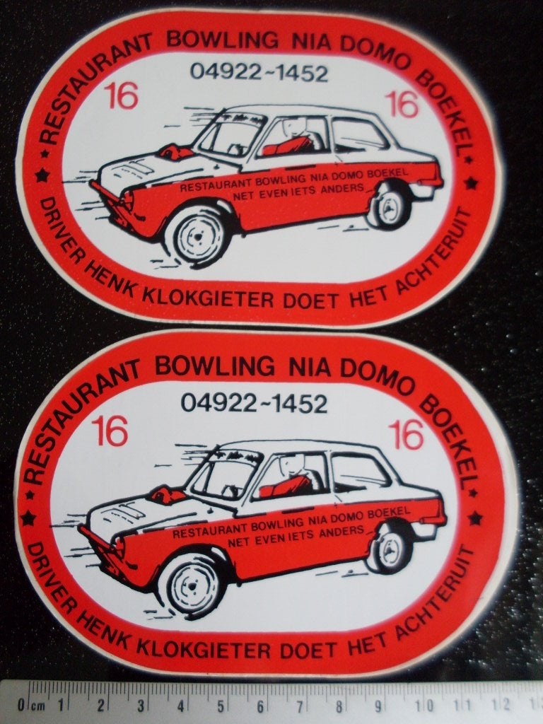 2x sticker restaurant bowling nia domo boekel H. Klokgieter, Verzamelen, Verzenden, Zo goed als nieuw, Bedrijf of Vereniging