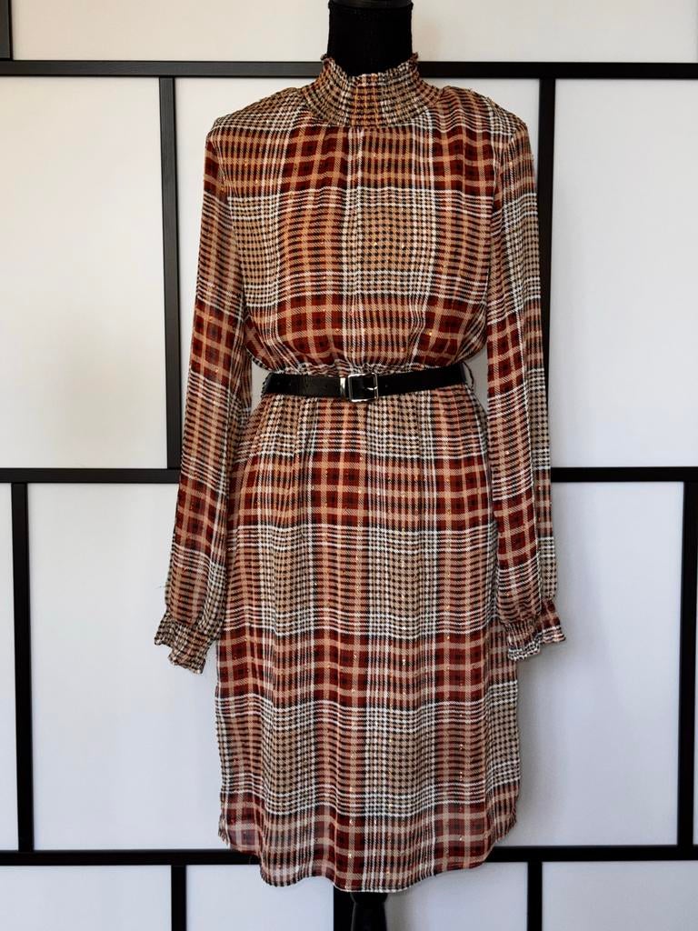 Geruite jurk Costes maat S/M met gouden details en riem, Bruin, Ophalen of Verzenden, Zo goed als nieuw, Maat 36 (S)