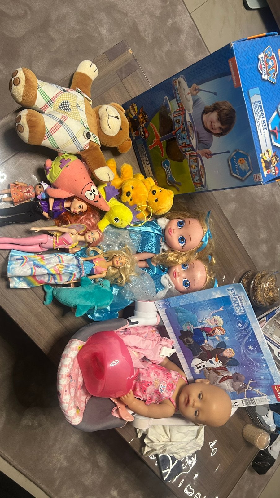 Grote speelgoedpakket: poppen, knuffels, drumstel, Ophalen, Gebruikt, Overige typen