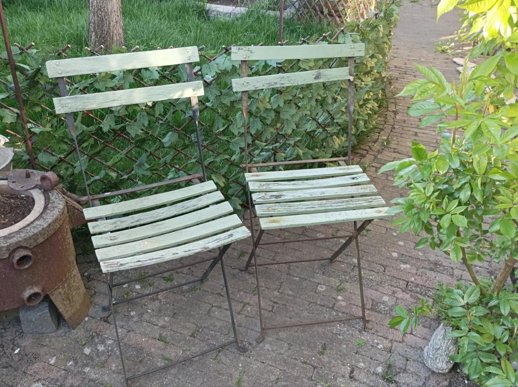 2 oude Bistro stoeltjes, Tuin en Terras, Ophalen, Gebruikt, Metaal