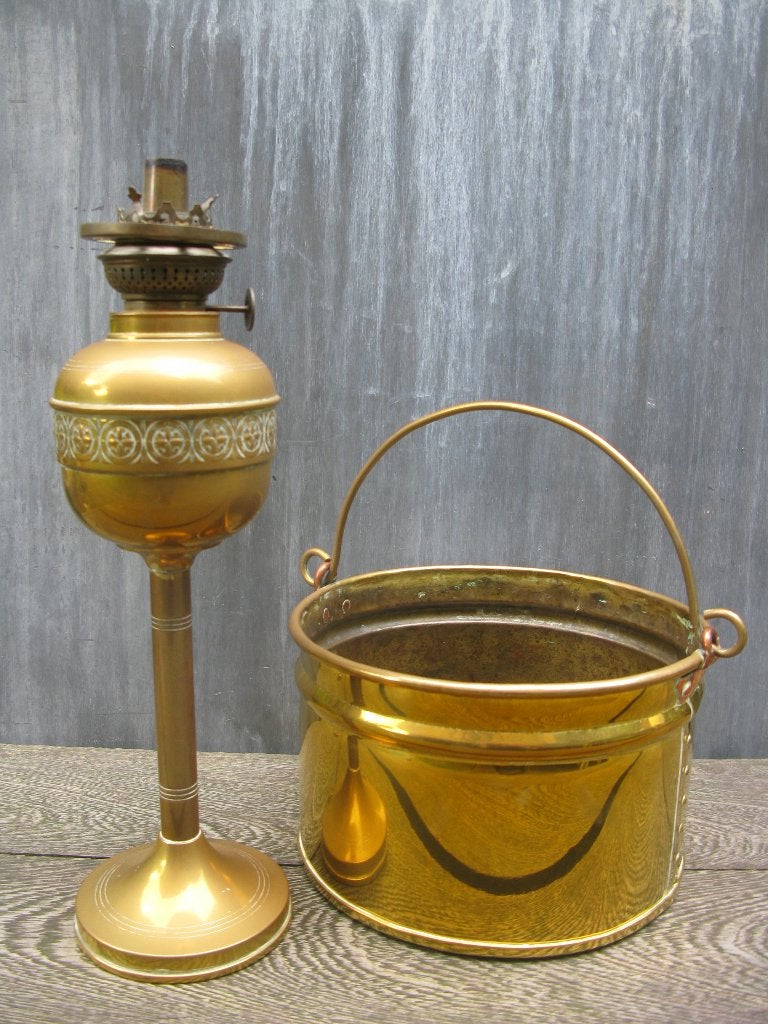 CACHE-POT + OLIELAMP ANTIEK KOPER+ MESSING, Ophalen of Verzenden, Koper