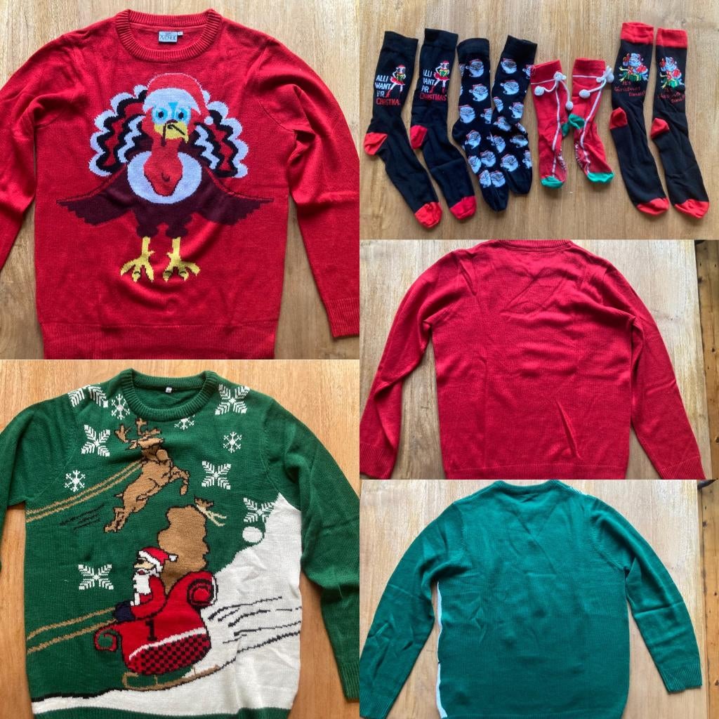 twee kersttruien & vier kerstsokken kersttrui kerst sokken, Diversen, Kerst, Ophalen of Verzenden, Zo goed als nieuw