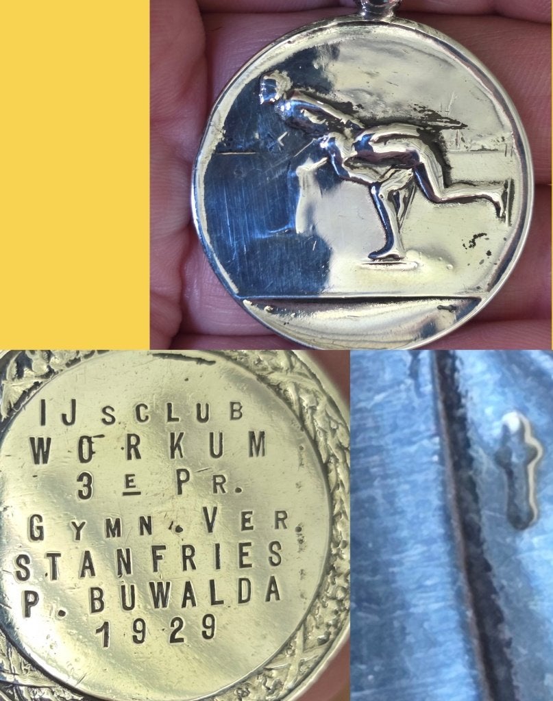 Antiek 1929 zilver 835 Workum Fries schaats sport medaille, Verzenden, Zilver, Nederland