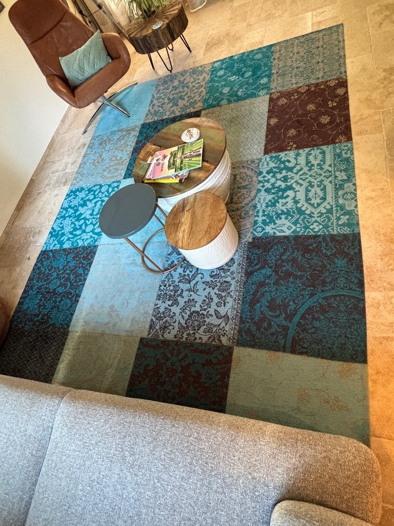 Vloerkleed vintage patchwork Turquoise 2.30 x 3.30m, Ophalen, Gebruikt, Bruin, Vintage