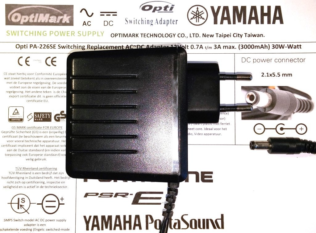 Yamaha Adapter OptiMark PA-226 12V 1.5A 2A 3A Keyboard Lader, Ophalen of Verzenden, Nieuw, Instrument