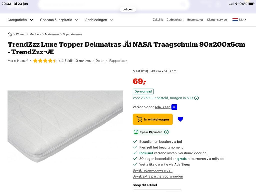 Topper / dekmatras, Ophalen, 90 cm, Eenpersoons, Zo goed als nieuw