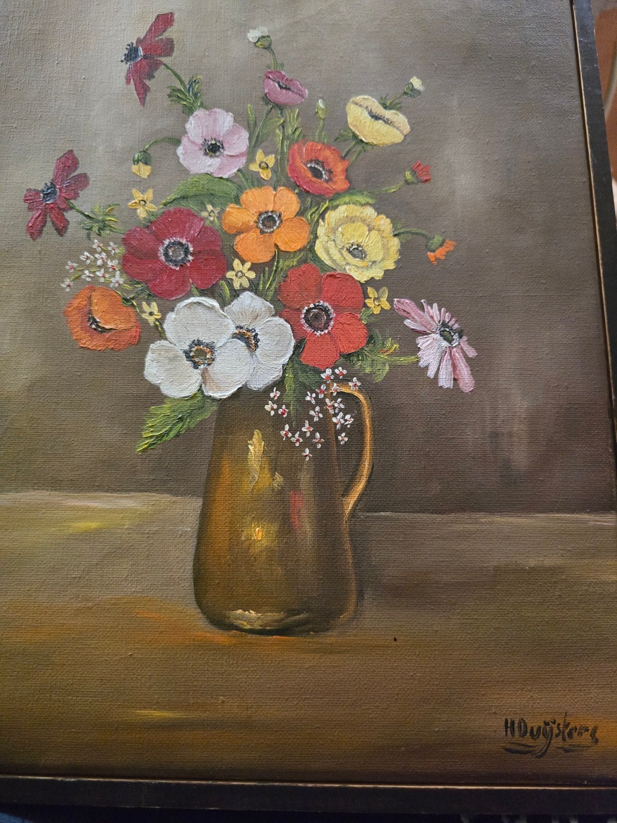 Schilderij: Kleurrijk bloemstilleven in vaas, gesigneerd, Doek, Stilleven, Ophalen of Verzenden, Olieverf