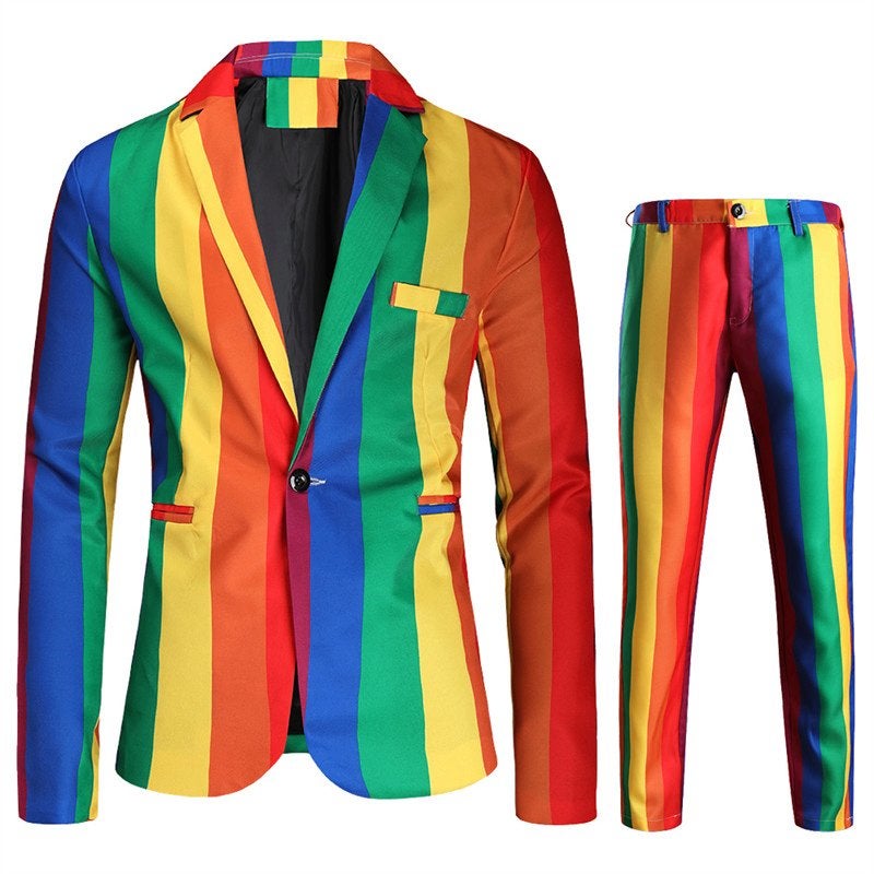 Heren regenboog kostuum pak blazer feest colbert broek luxe, Verzenden, Nieuw, Overige maten, Overige kleuren