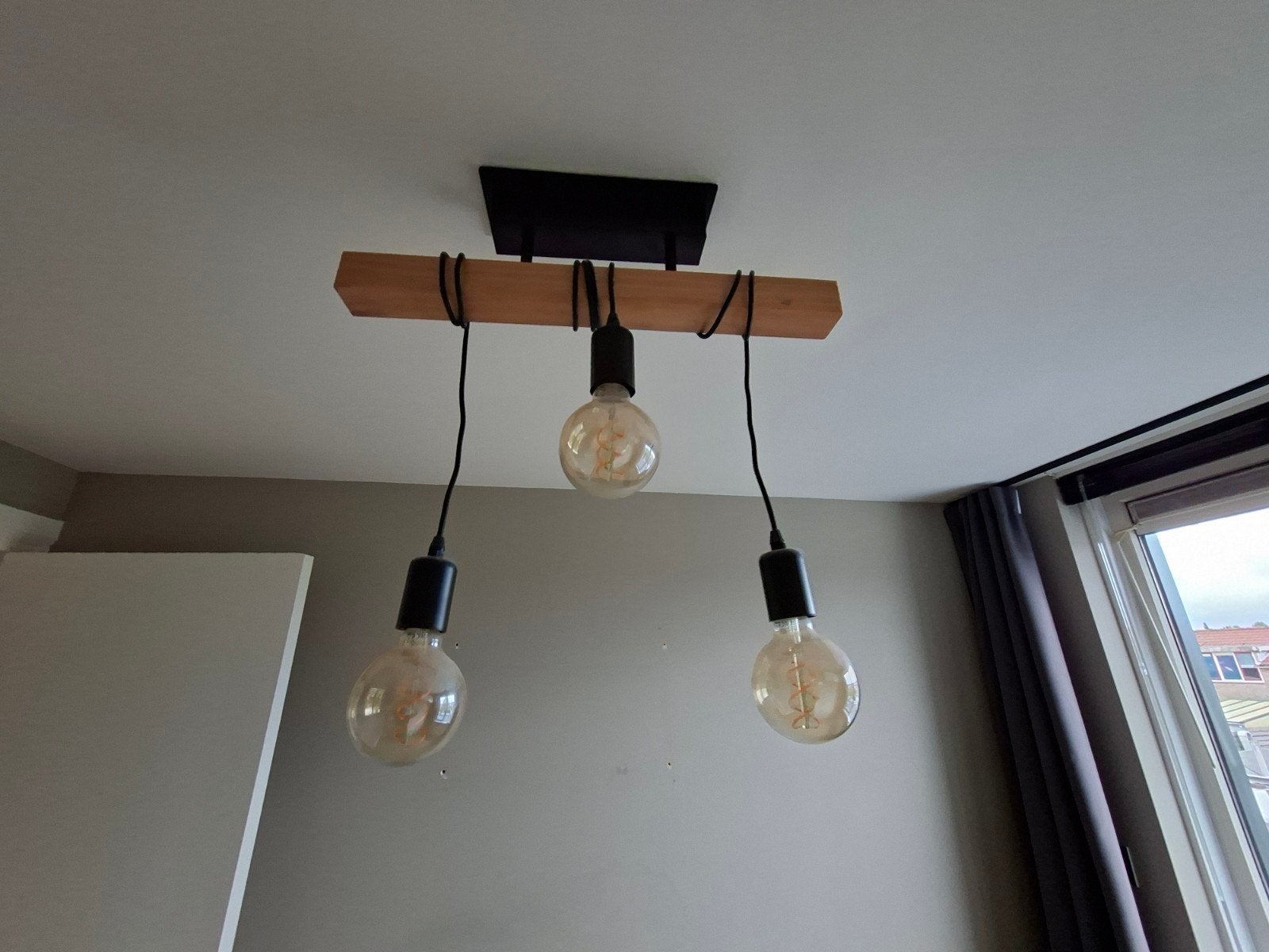 Hanglamp met 3 bollen - Hout en Metaal, Gebruikt, Industrieel, Modern, Glas, E27 (groot)