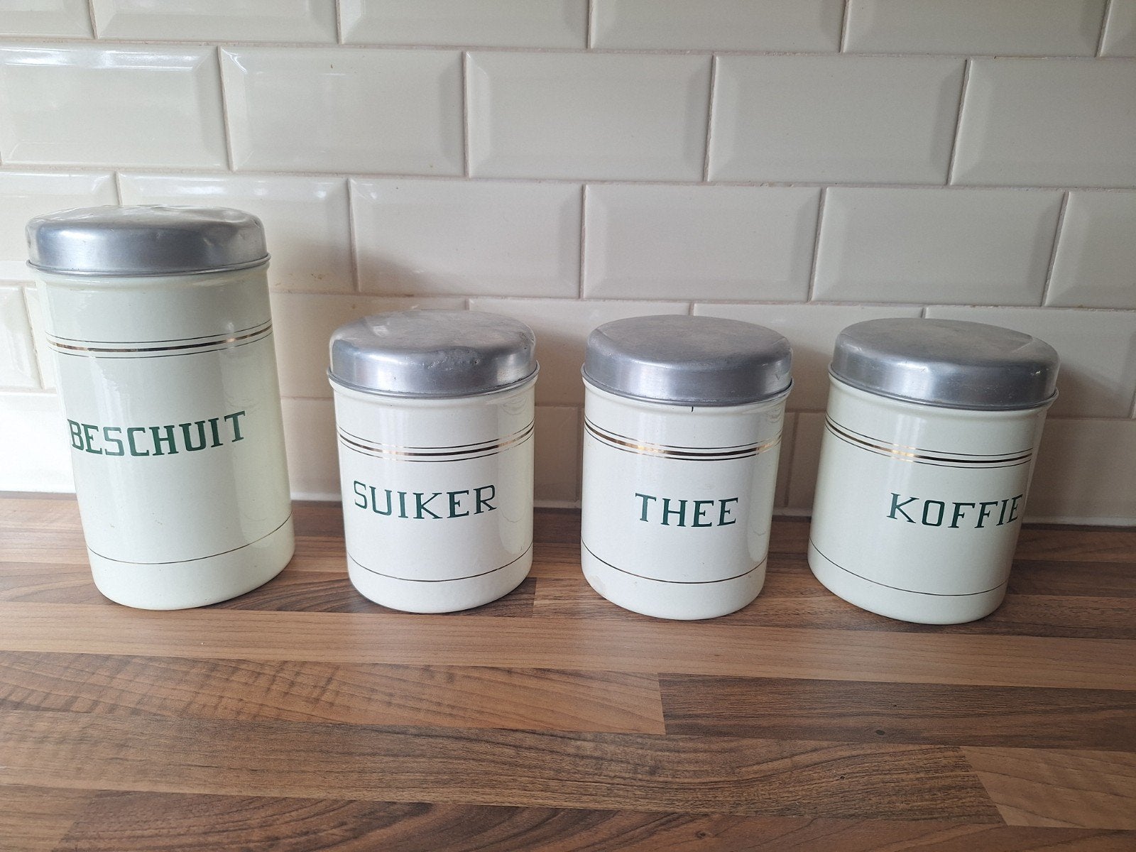 Vintage voorraadblikken set Suiker, Thee, Koffie,, Antiek en Kunst, Ophalen