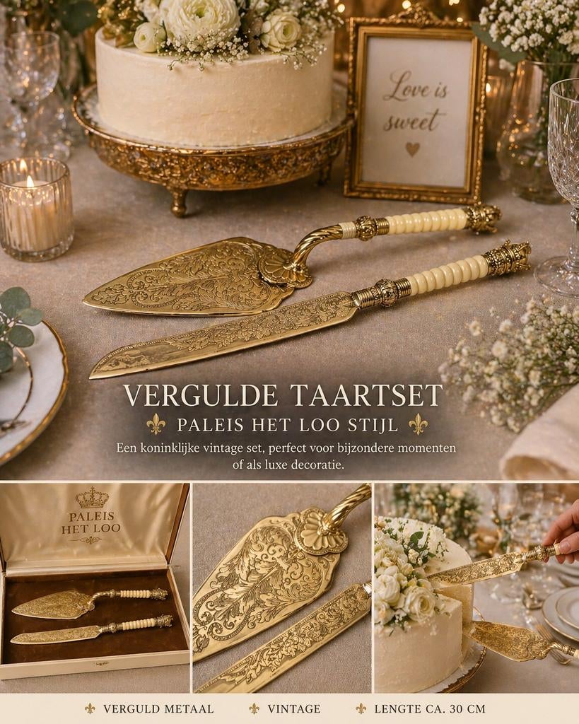 Vintage taartset Paleis Het Loo verguld – schep & mes, Verzamelen, Koninklijk Huis en Royalty, Ophalen of Verzenden, Gebruikt