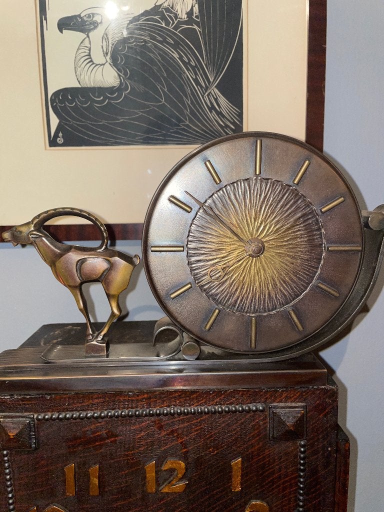 Art Deco / Amsterdamse school klok met bronzen springbok, Antiek en Kunst, Verzenden