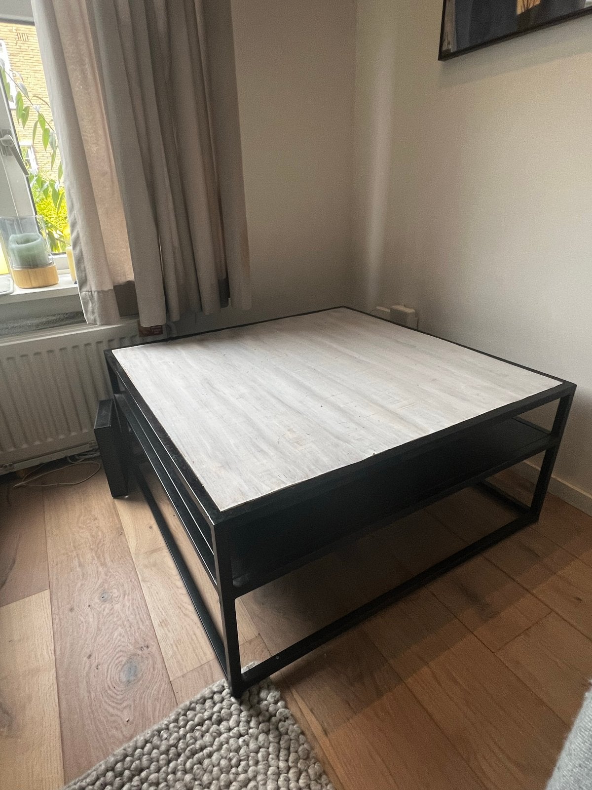 GRATIS! Salontafel metaal ,houten blad, whitewash 90x90 cm, Ophalen, Gebruikt, Vierkant, 50 tot 100 cm