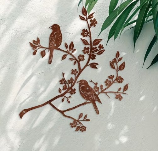 Tuindecoratie Vogeltjes op tak metaal roest, Tuin en Terras, Ophalen of Verzenden, Nieuw