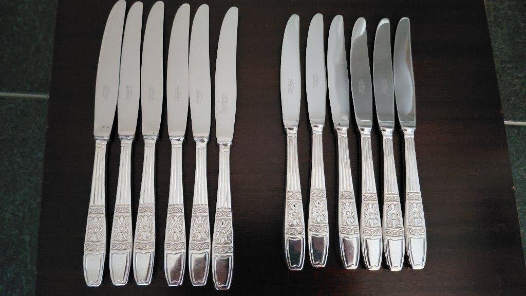 12 tafelmessen, antiek, silver plated, Verzenden, Gebruikt, Zilver, Bestekset