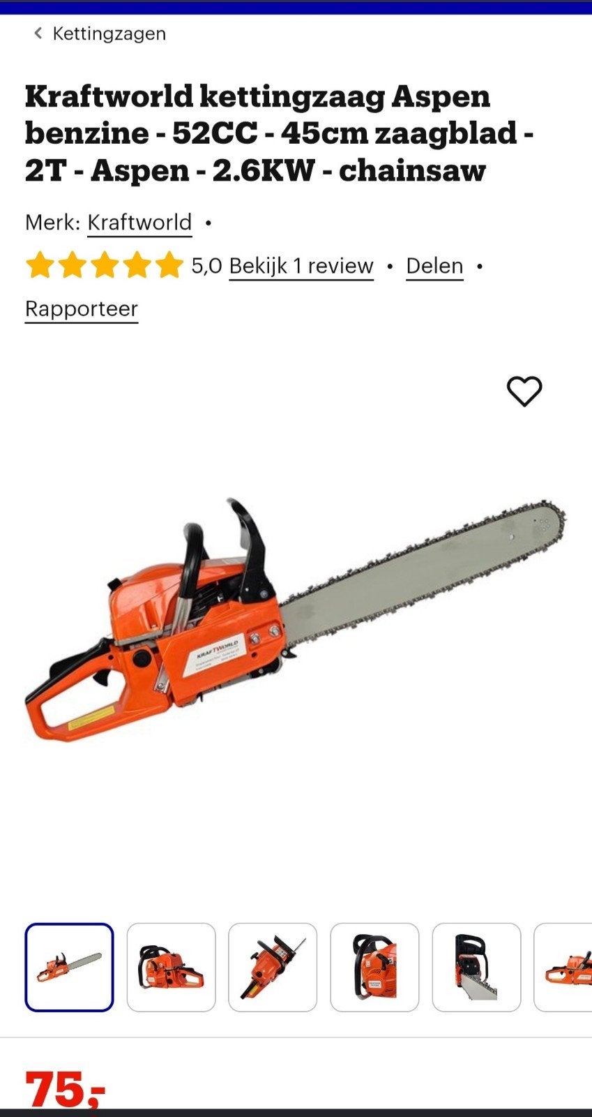 Kraftworld Aspen Benzine Kettingzaag 52CC 45cm 2.6KW Nieuw, Doe-het-zelf en Verbouw, 70 mm of meer, Kettingzaag, Nieuw, Ophalen of Verzenden