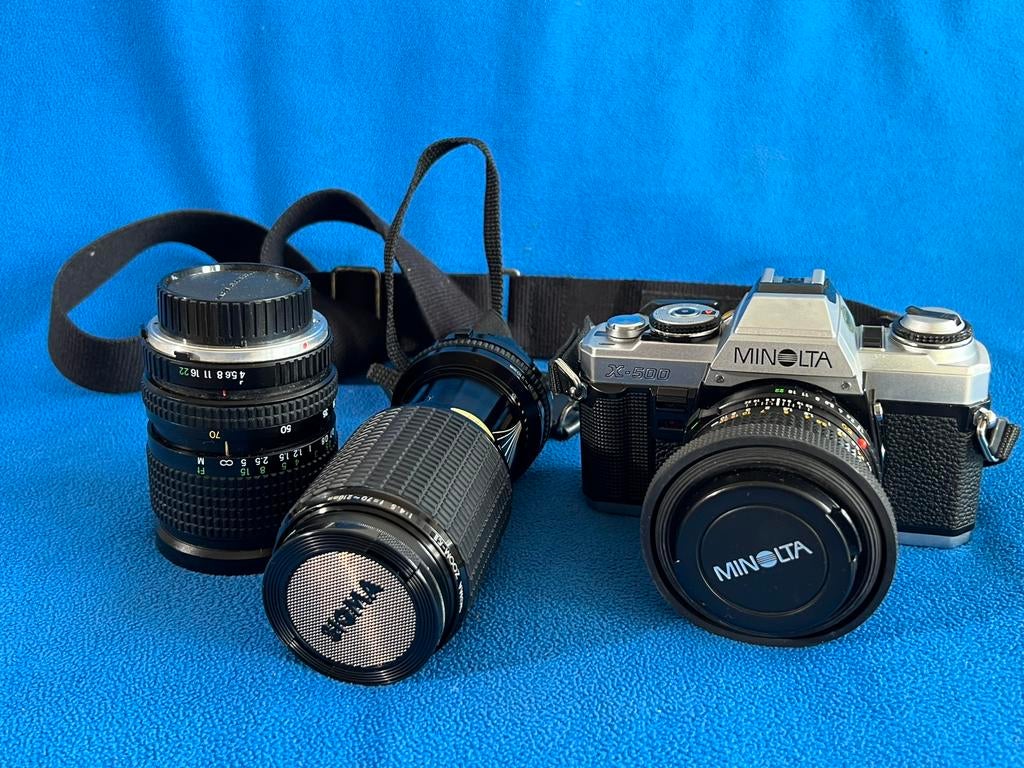 Minolta X500 spiegelreflex camera plus lenzen, Audio, Tv en Foto, Fotocamera's Analoog, Ophalen of Verzenden, Gebruikt, Spiegelreflex