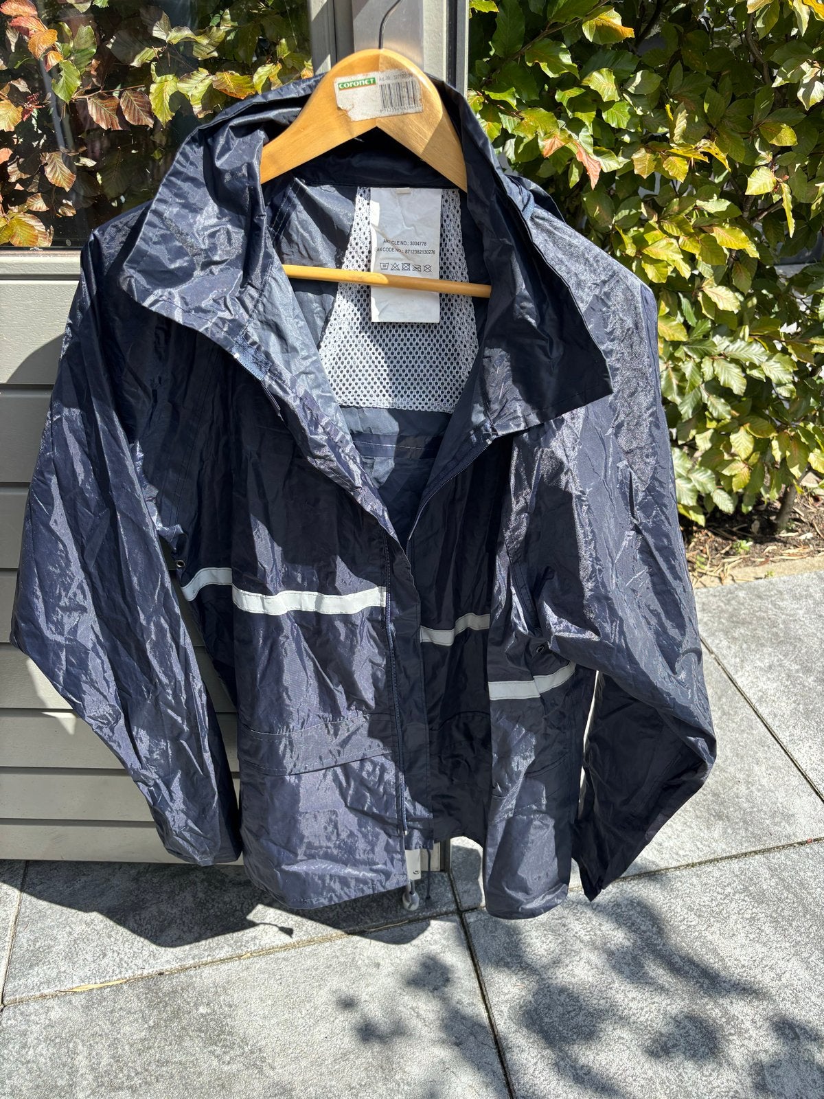 Donkerblauw regenpak met reflecterende strepen, Ophalen of Verzenden, Gebruikt, Regenbroek, Heren