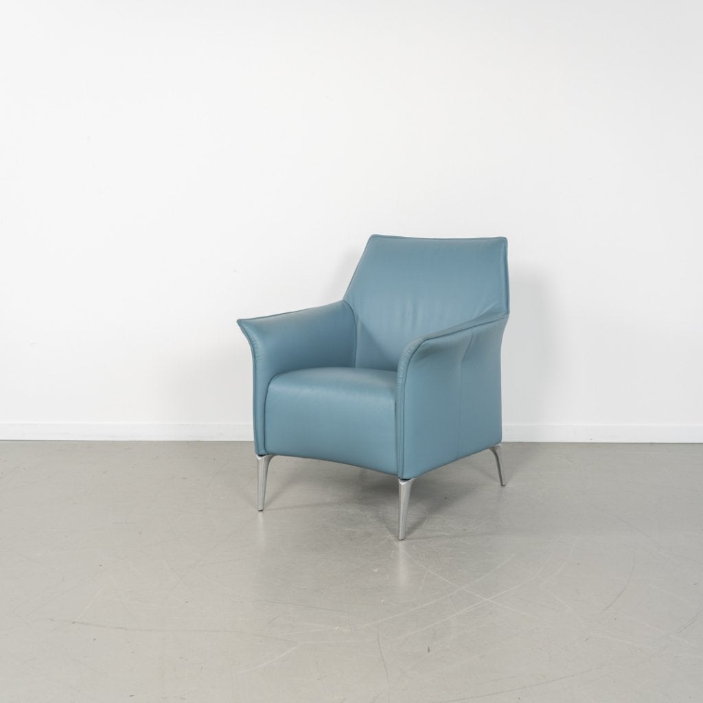 1x Leolux Mayuro Fauteuil Lichtblauw Leer - Chroom, Huis en Inrichting, Fauteuils, Niet ingevuld, Minder dan 75 cm, Niet ingevuld