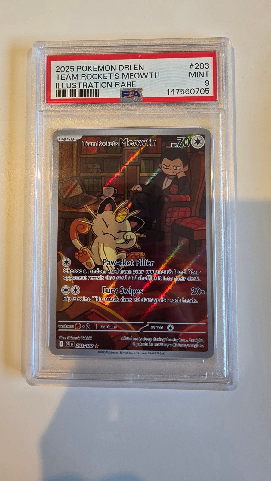 Team Rocket's Meowth 2025 PSA 9 MINT Pokémon Kaart, Ophalen of Verzenden