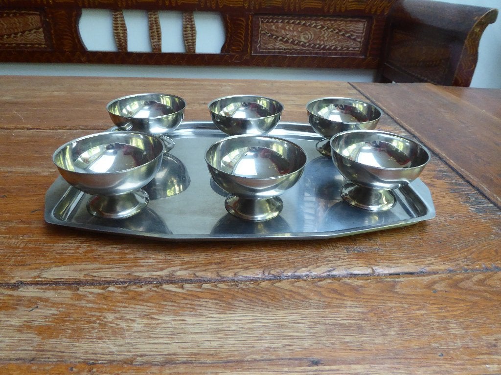 6 vintage rvs dessertcoupes met dienblad, Ophalen of Verzenden