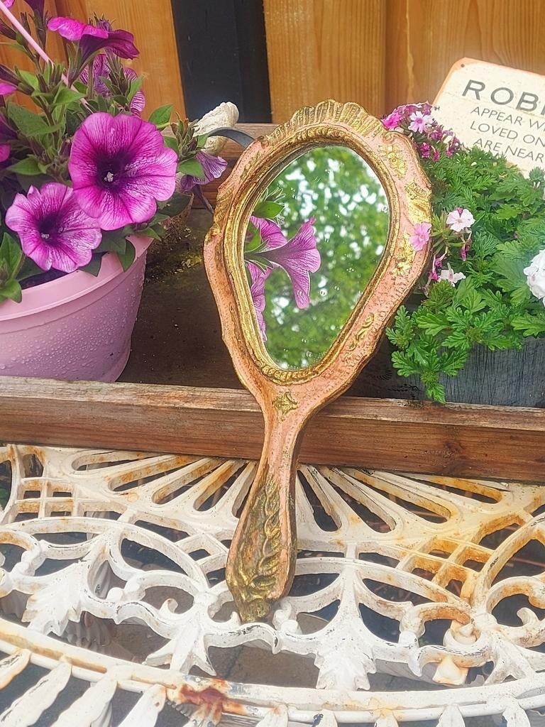 Prachtige Brocante Florentijnse handspiegel Roze/Goud, Antiek en Kunst, Curiosa en Brocante, Ophalen of Verzenden