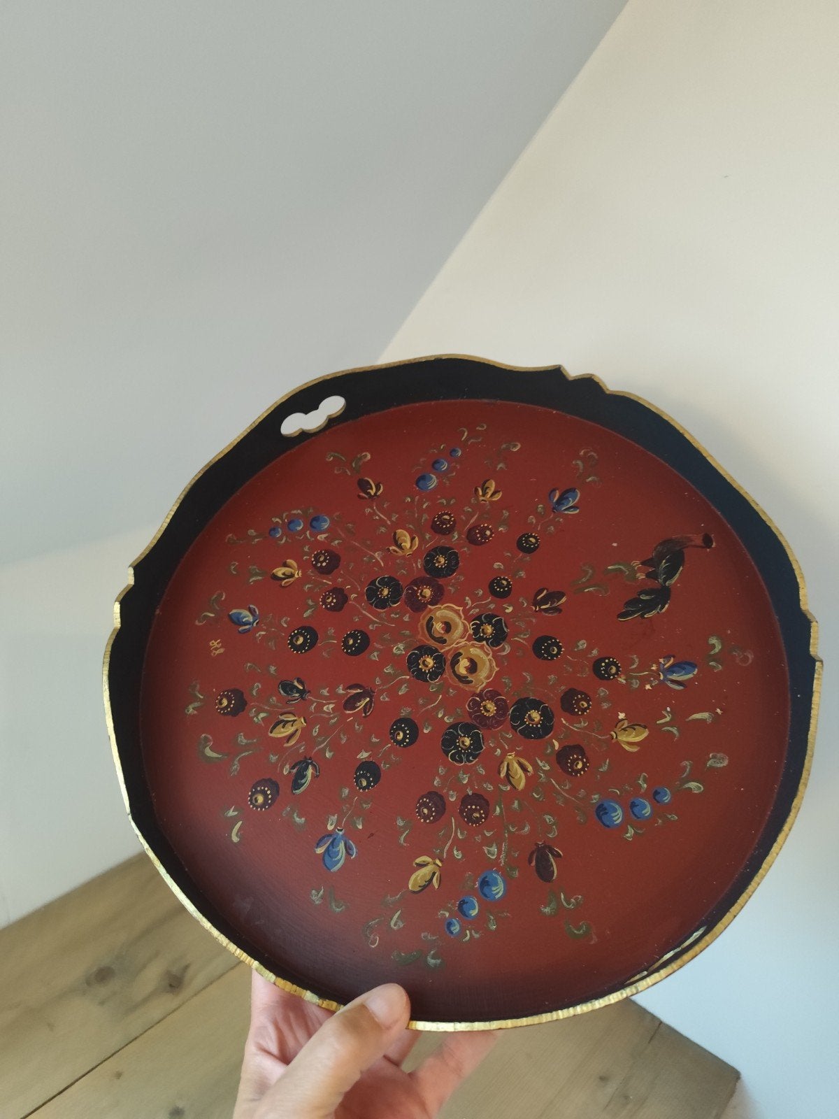 Vintage Handgeschilderd Dienblad - Bloemenmotief, Huis en Inrichting, Ophalen of Verzenden, Hout