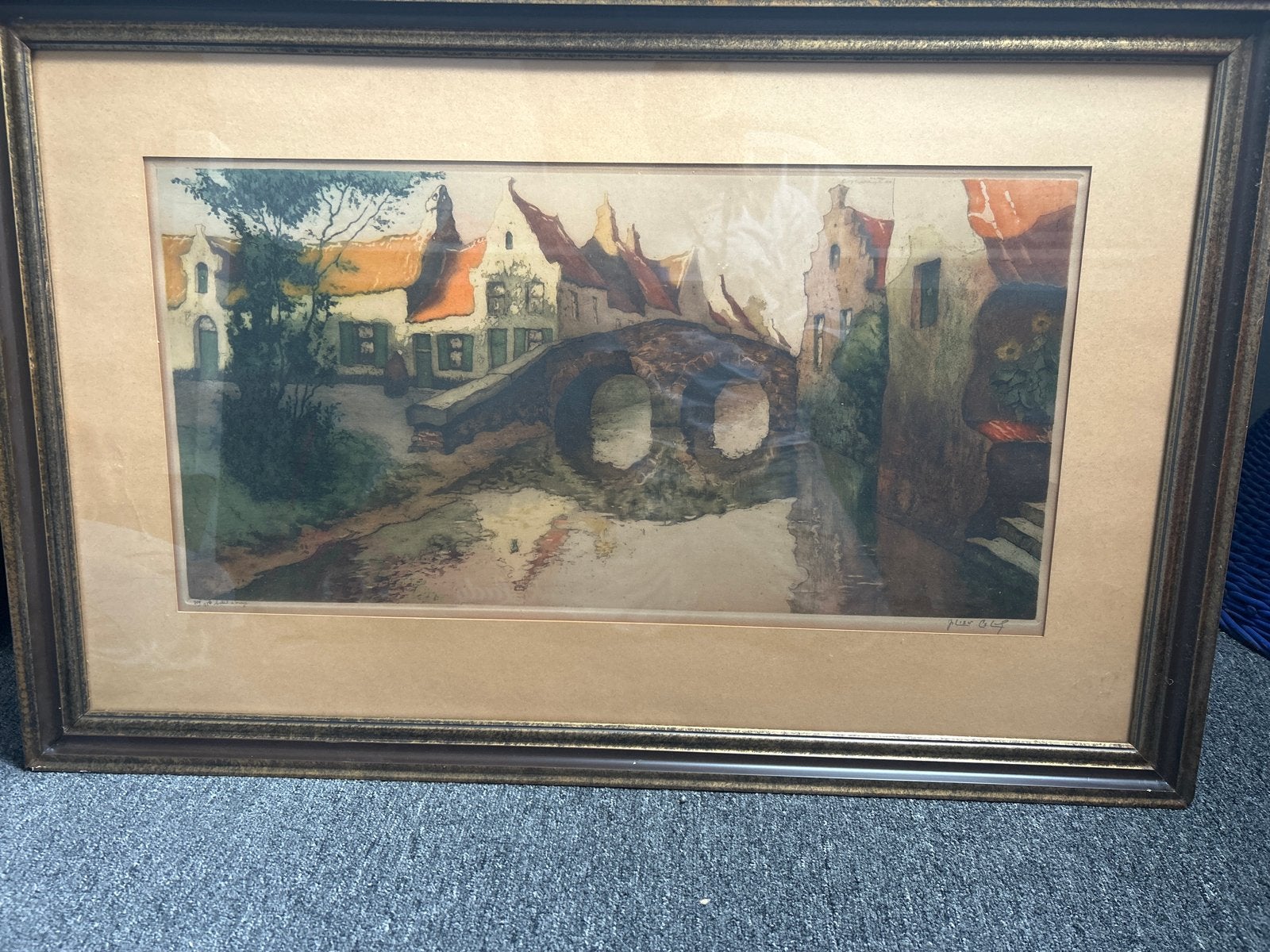 Julien Célos - Bruggezicht (Antwerpen, 1884 – 1953), Ets, Stadsgezicht, Ophalen of Verzenden, Gesigneerd