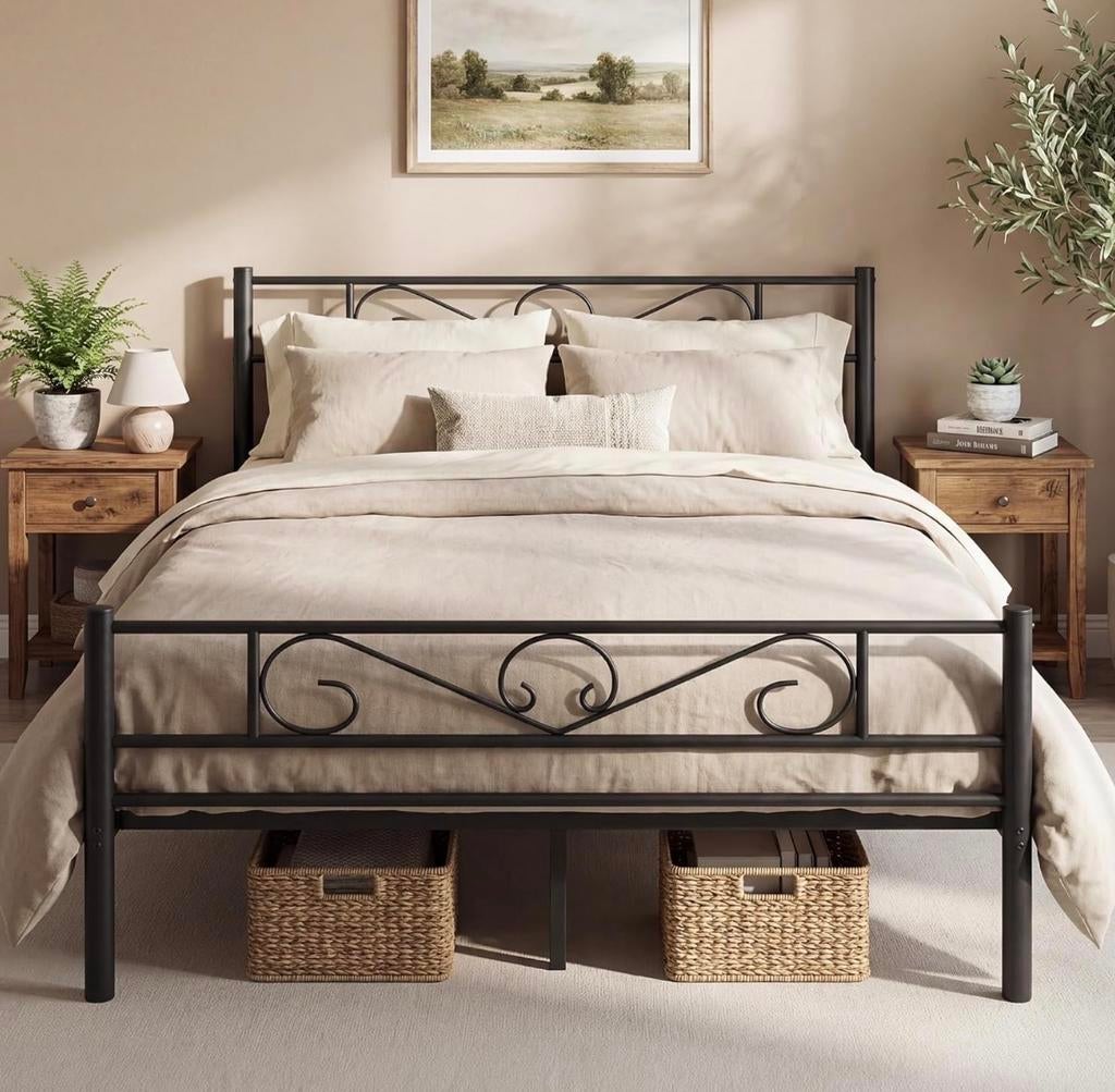 Zwart metalen tweepersoonsbed met hoofdeinde, Ophalen, Zwart, Tweepersoons, 140 cm