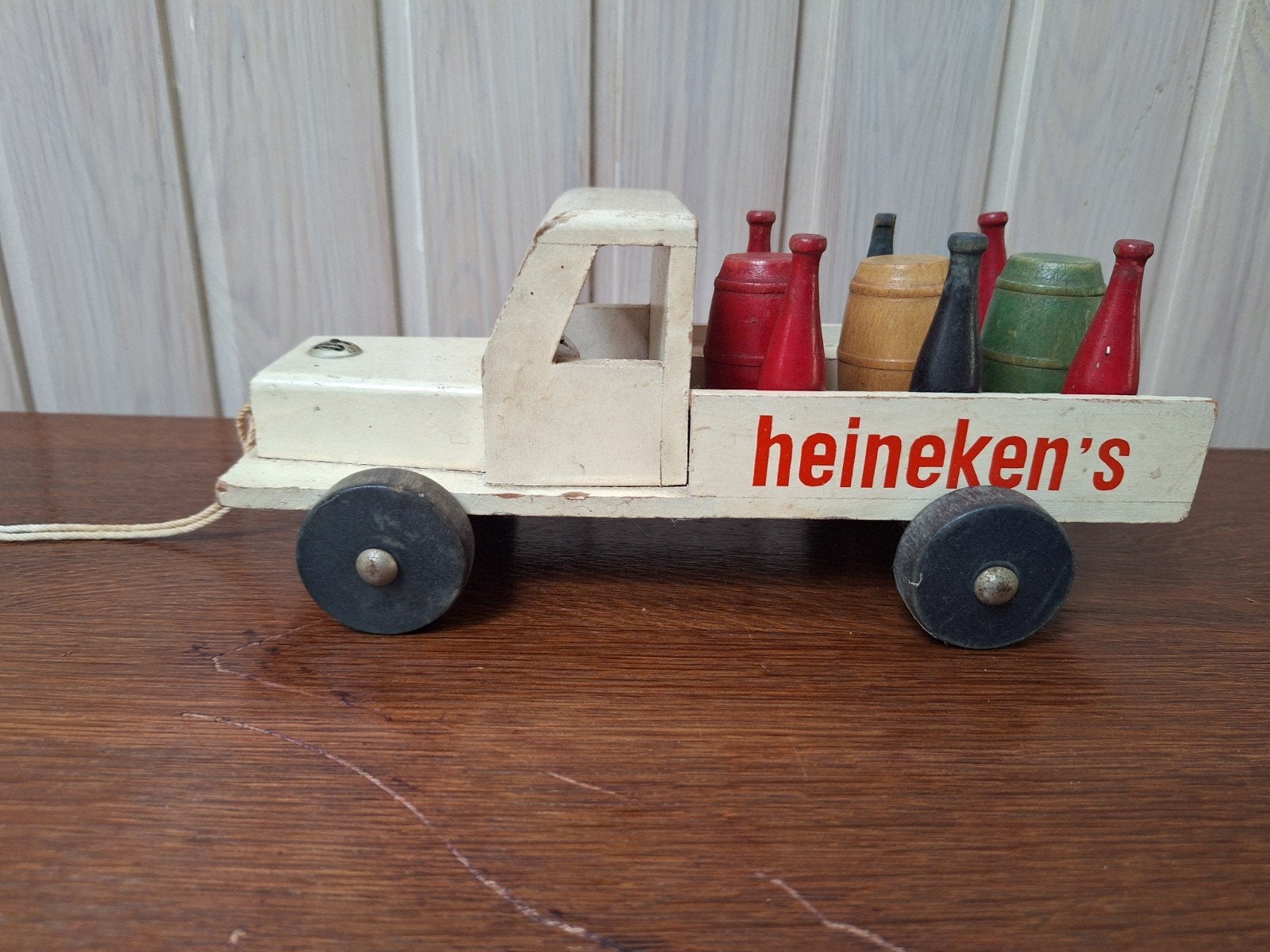 Vintage Houten Heineken Speelgoedauto met Flessen, Ophalen