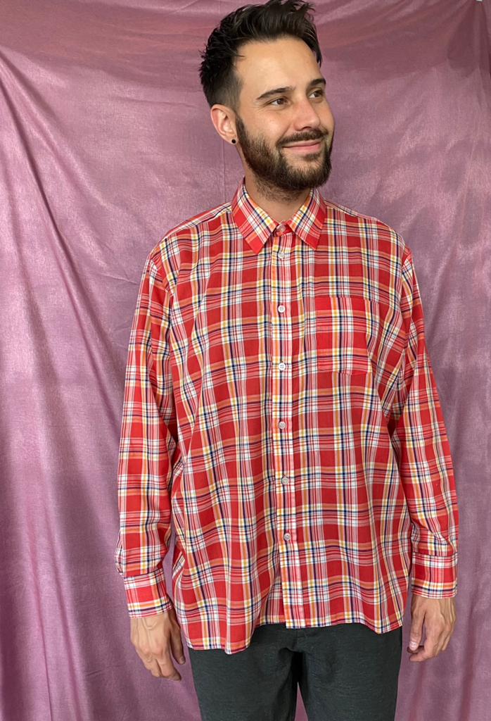 Vintage 70's overhemd - shirt - print - checkered - rood - L, Hgv, Hgv, Ophalen of Verzenden, Halswijdte 41/42 (L)