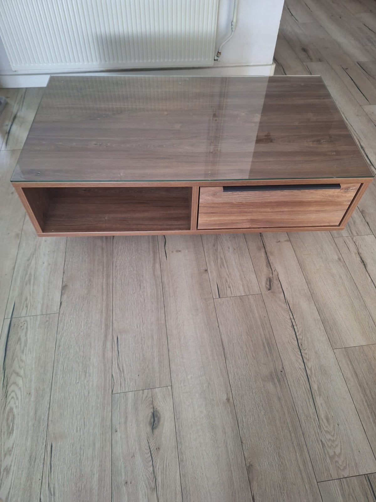 Salontafel met glazen blad en lade op wieltjes, Ophalen, 100 tot 150 cm, 50 tot 100 cm, Rechthoekig