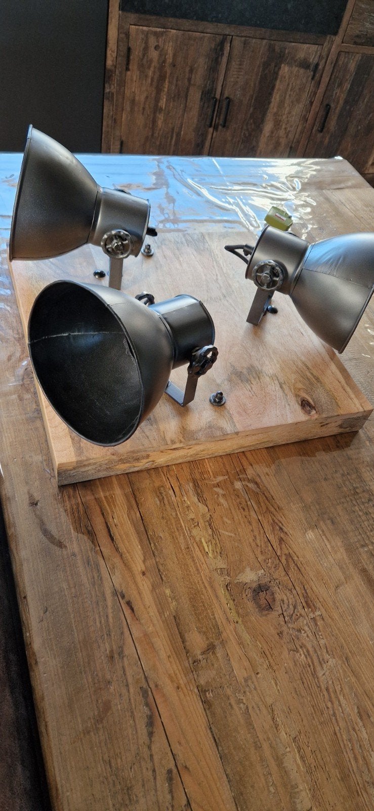 mooie plafondlamp met 3 spots, mangohout, Ophalen, Zo goed als nieuw