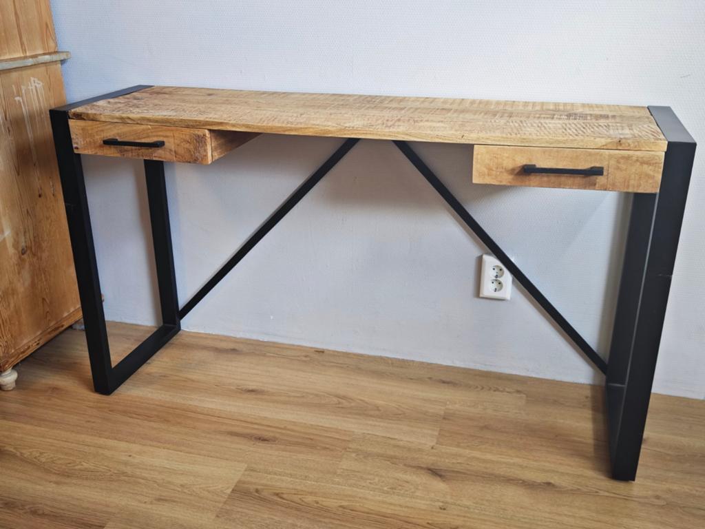 Industrieel bureau van mangohout met metalen frame, Overige typen, Gebruikt, Bruin, Ophalen of Verzenden