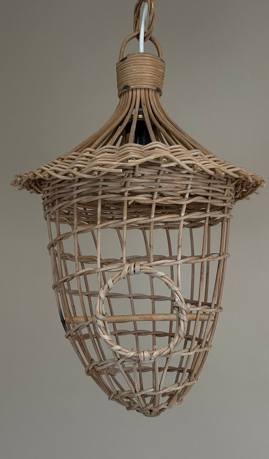 Originele vintage rotan gevlochten vogelkooi hanglamp, Ophalen, Overige materialen, ., Vintage