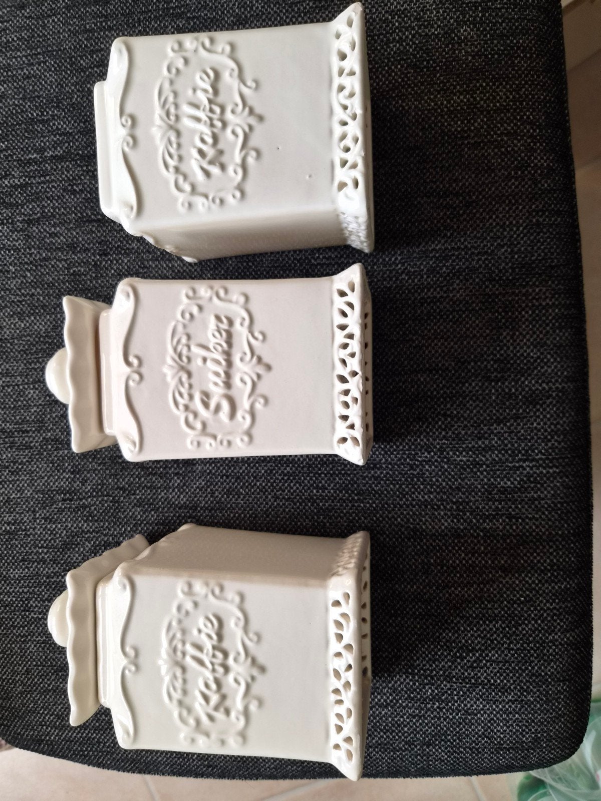 Set van 3 keramische voorraadpotten: Suiker, Koffie, Thee, Overige typen, Ophalen of Verzenden, Zo goed als nieuw, Klassiek