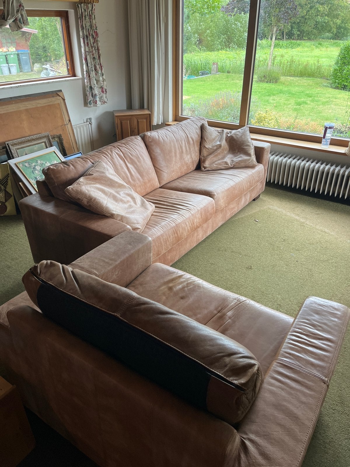 Leren hoekbank en fauteuil - 235x90cm en 125x90cm, Ophalen, Gebruikt, Hoekbank, 200 tot 250 cm