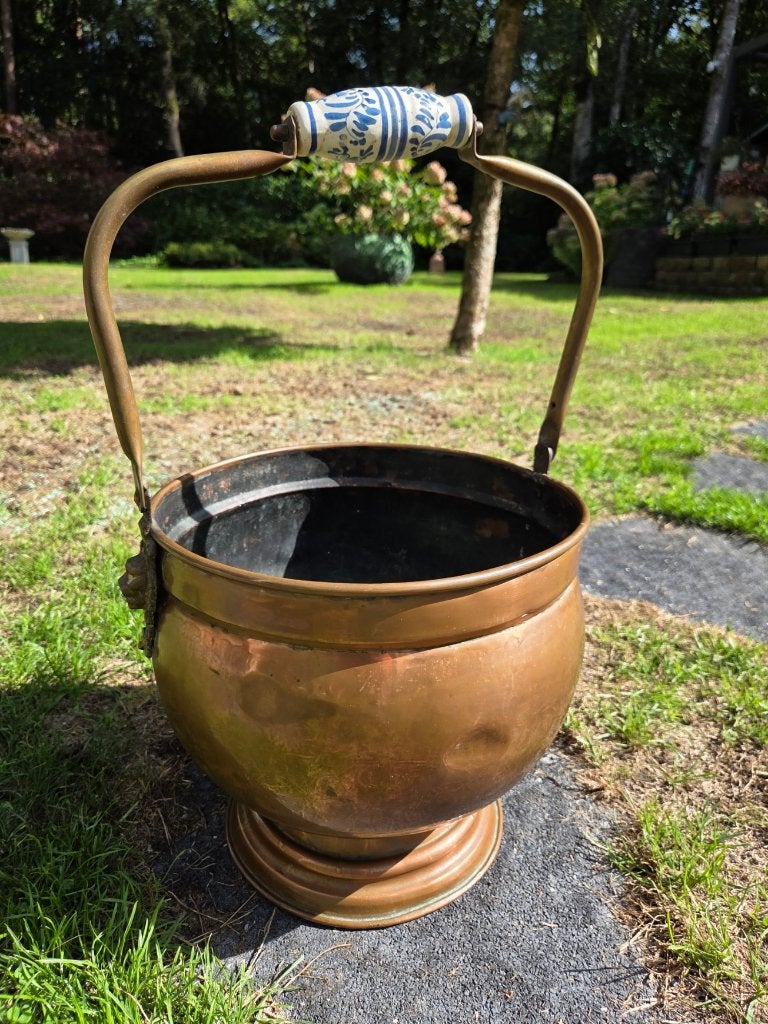 Antieke Koperen Emmer met Delfts Blauw Handvat, Ophalen of Verzenden, Koper
