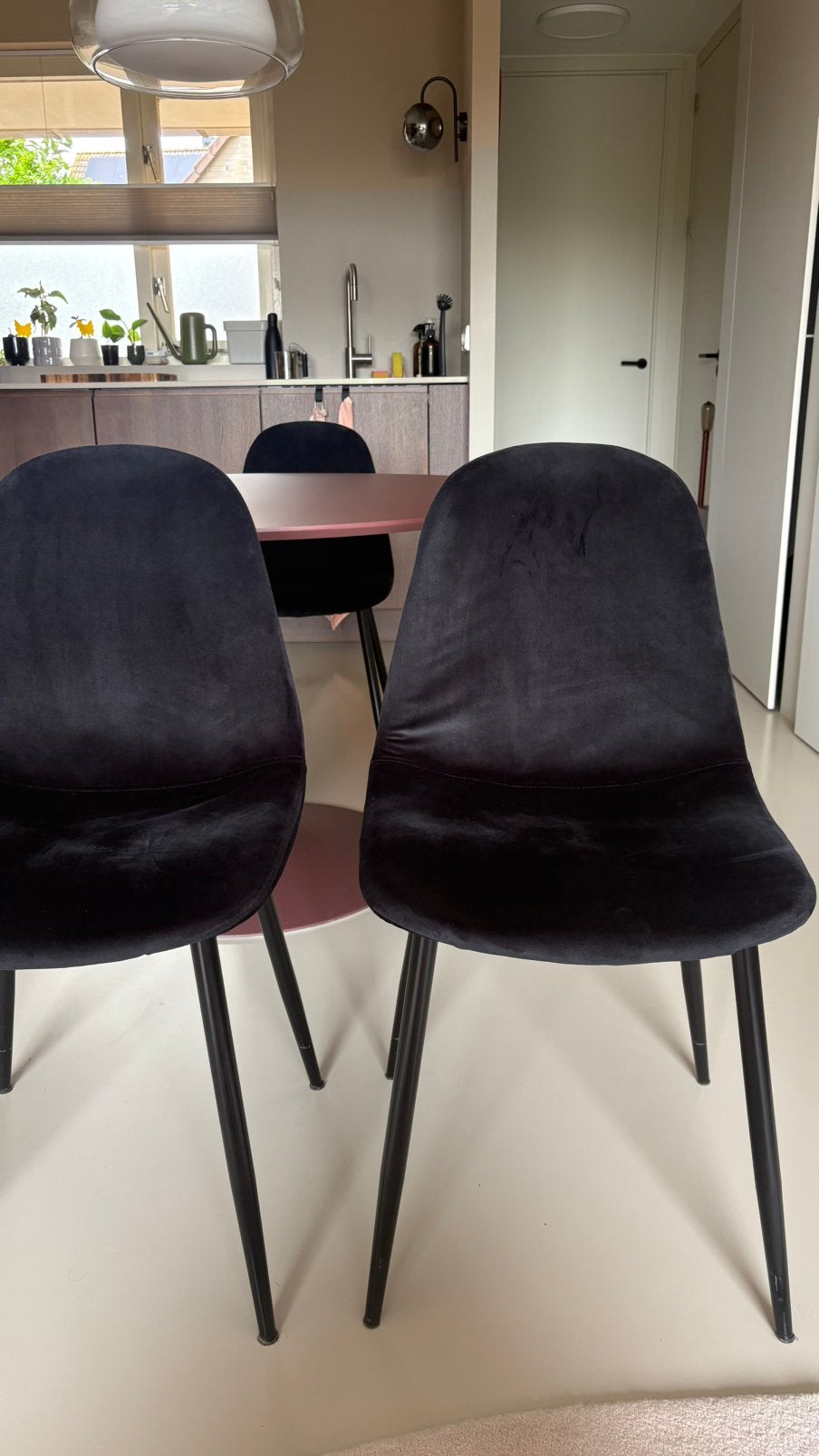 4 fluweel zwarte stoelen, Ophalen, Gebruikt, Zwart, Vier