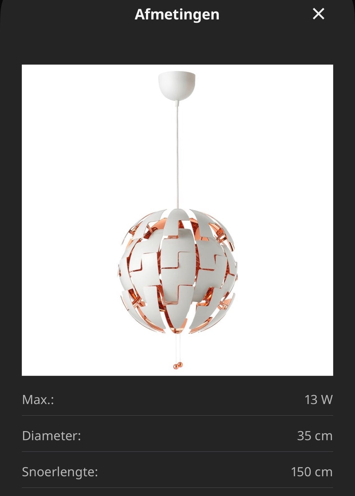 IKEA PS 2014 Hanglamp - Wit/Koper, 35 cm, Huis en Inrichting, Lampen | Hanglampen, Ophalen of Verzenden, Gebruikt, Kunststof, E27 (groot)