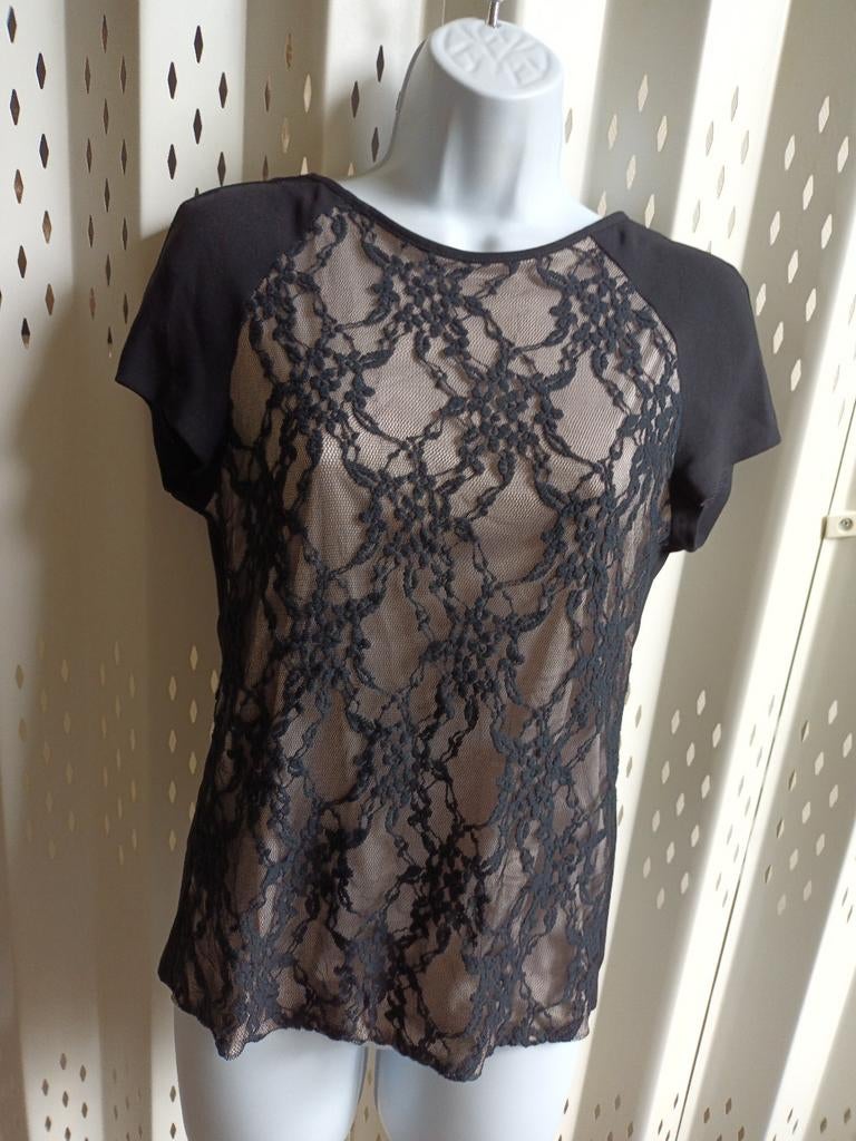 Zara Basic zwarte dames blouse top met kant en rits S/M, Zwart, Ophalen of Verzenden, Zo goed als nieuw, Korte mouw