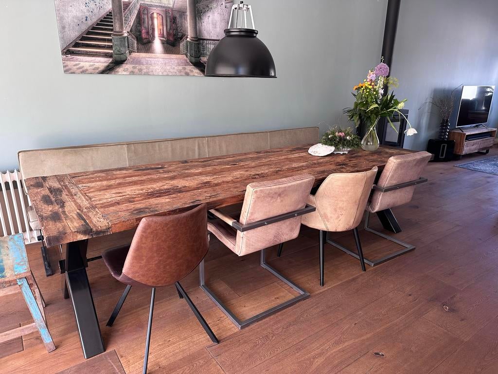 4 lederen eetkamerstoelen van Goossens, Gebruikt, Bruin, Leer, Ophalen of Verzenden