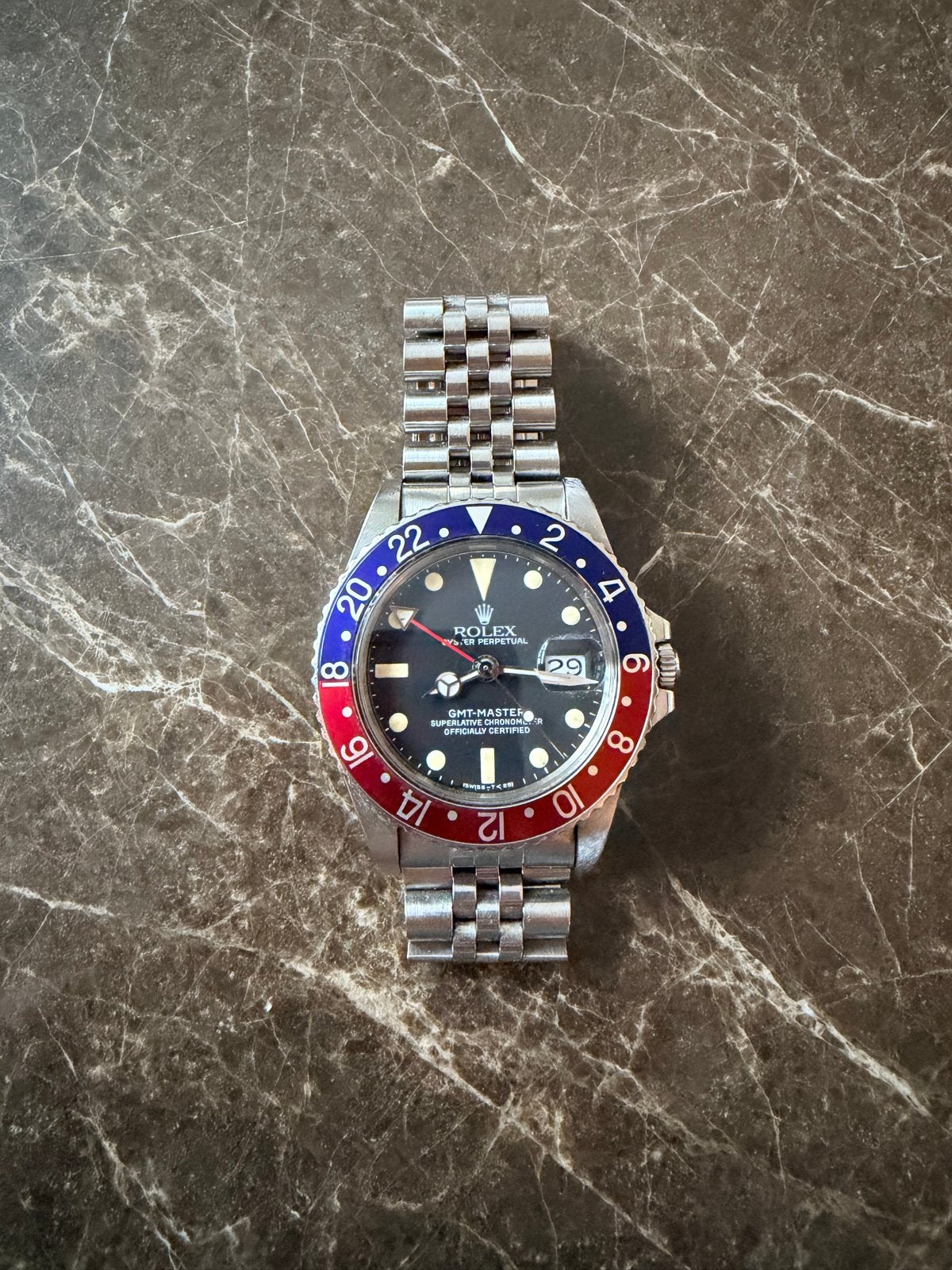Rolex GMT-Master (1675) 'Pepsi' met jubilee en oysterband, Gebruikt, Polshorloge, Ophalen of Verzenden, Rolex