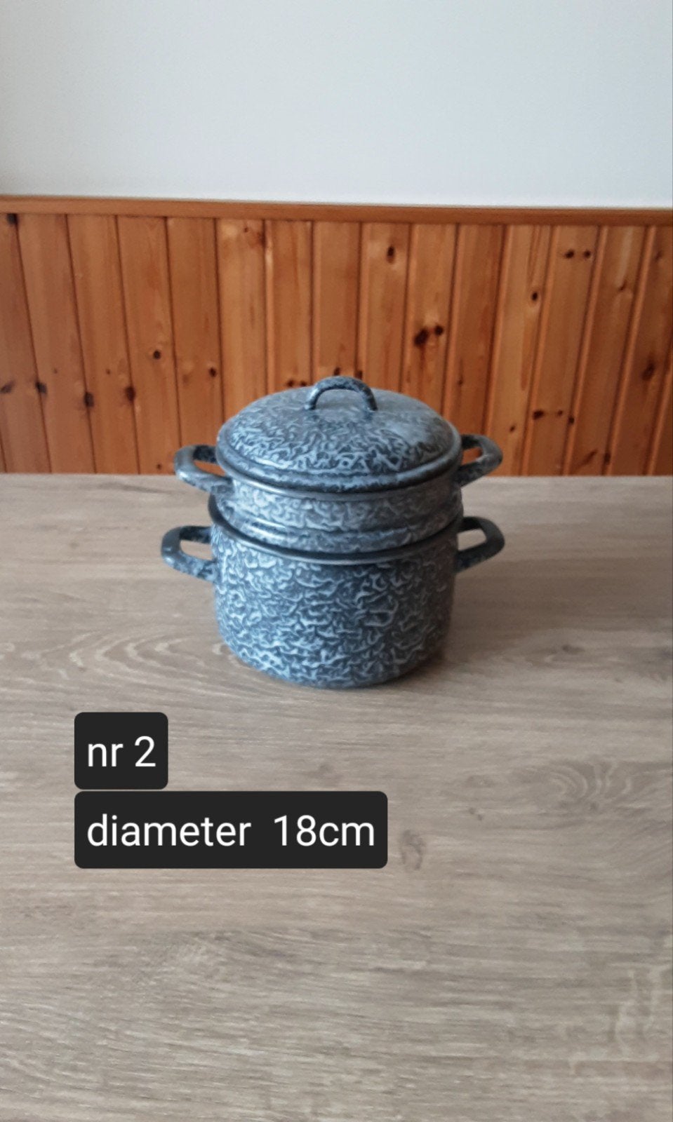 EMAILLE GRIJSGEWOLKTE STOOMPAN DIAMETER 18CM., Antiek en Kunst, Ophalen of Verzenden