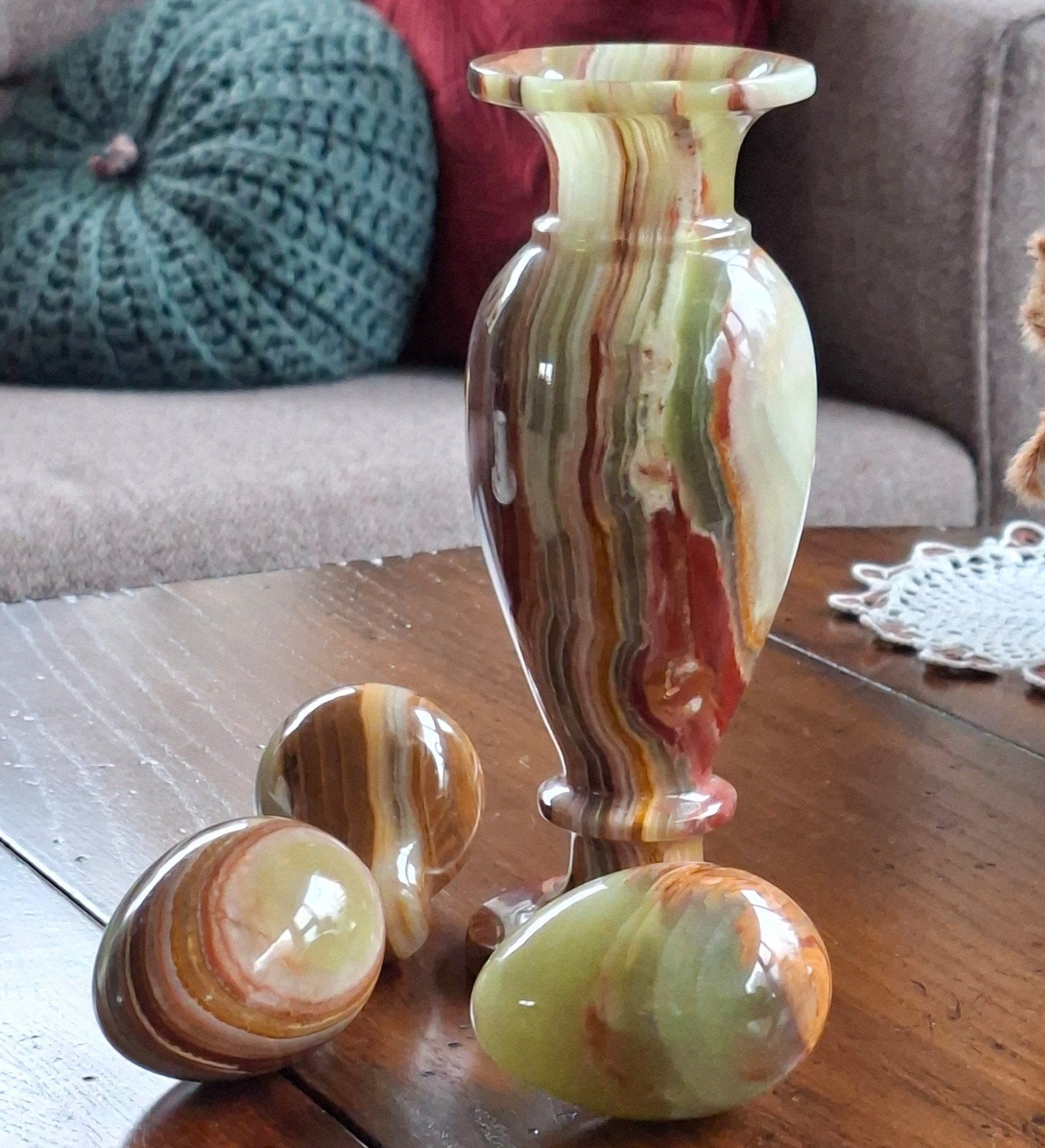 Marmer-onyx vaas, eieren en peer, bruin/groen, vintage vaas, Ophalen