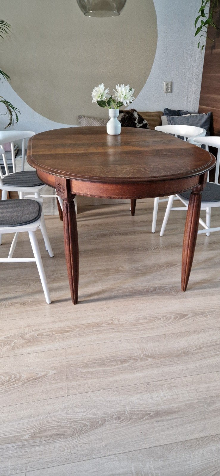 Antieke, houten, ovale eettafel 1.60-1.00, Ophalen, Gebruikt, Bruin, Vier
